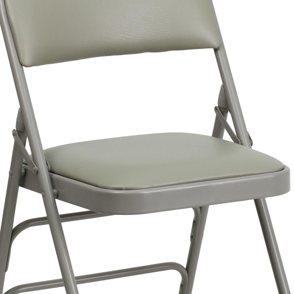 Curved Triple Braced & Double Hinged Gray Vinyl Metal Folding Chair. Picture 16