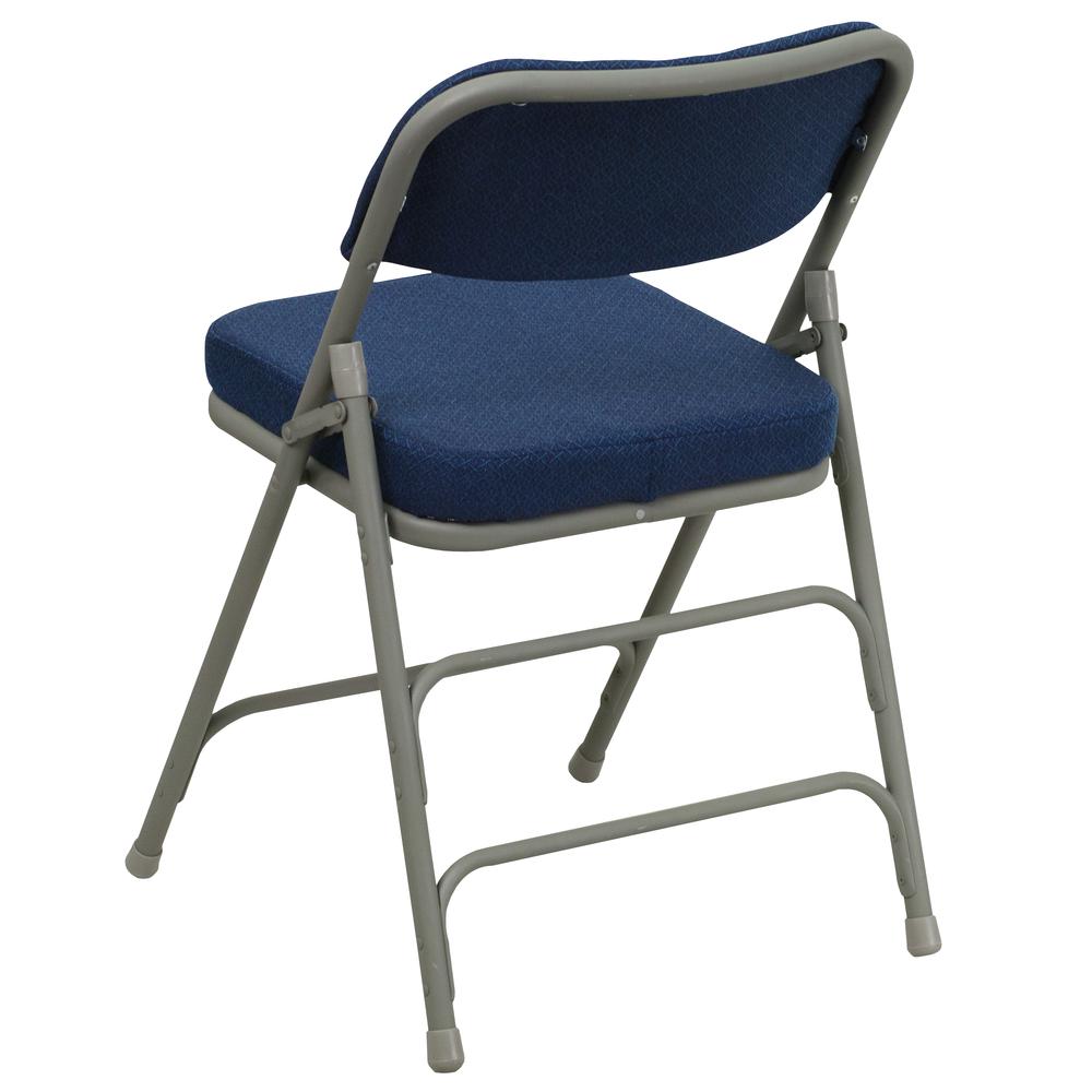HERCULES Series Premium Curved Triple Braced & Double Hinged Navy Fabric Metal Folding Chair. Picture 4