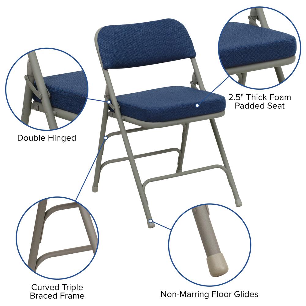 18.5"W Premium Curved Triple Braced & Double Hinged Navy Fabric Metal Folding Chair. Picture 17