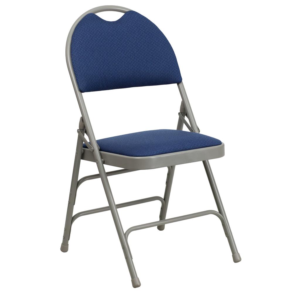 HERCULES Series Ultra-Premium Triple Braced Navy Fabric Metal Folding Chair with Easy-Carry Handle. Picture 1