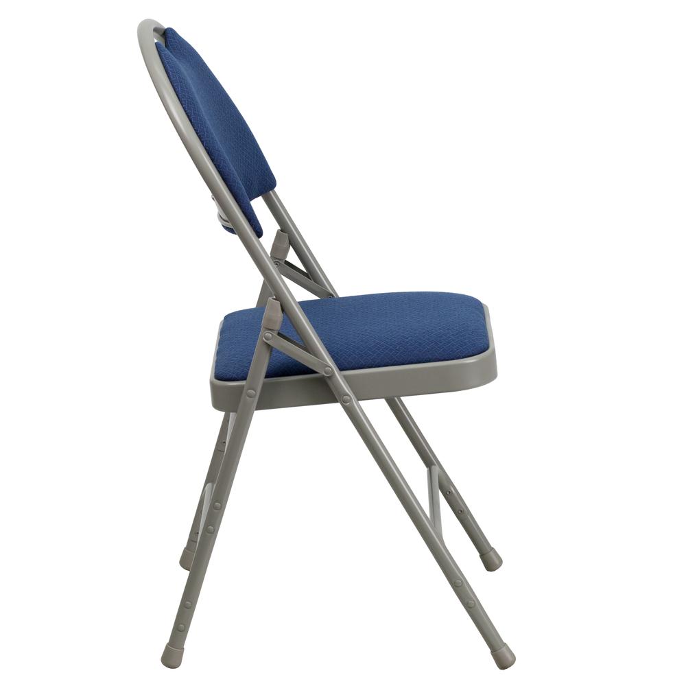 HERCULES Series Ultra-Premium Triple Braced Navy Fabric Metal Folding Chair with Easy-Carry Handle. Picture 3