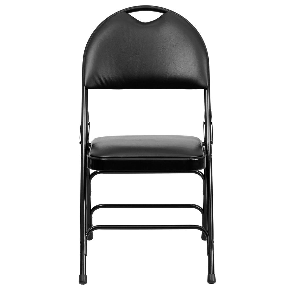 HERCULES Series Ultra-Premium Triple Braced Black Vinyl Metal Folding Chair with Easy-Carry Handle. Picture 5