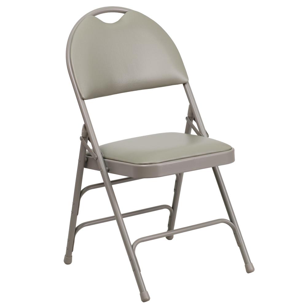 HERCULES Series Ultra-Premium Triple Braced Gray Vinyl Metal Folding Chair with Easy-Carry Handle. Picture 1