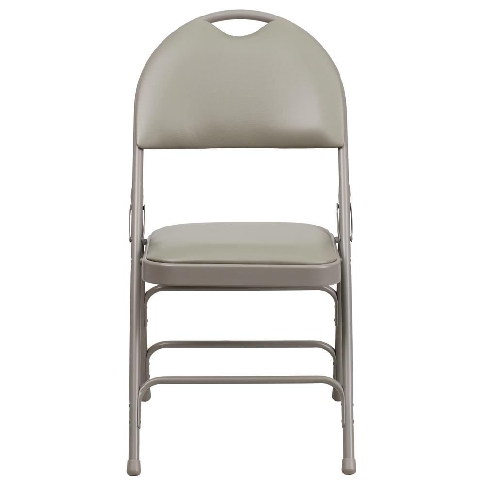 HERCULES Series Ultra-Premium Triple Braced Gray Vinyl Metal Folding Chair with Easy-Carry Handle. Picture 5