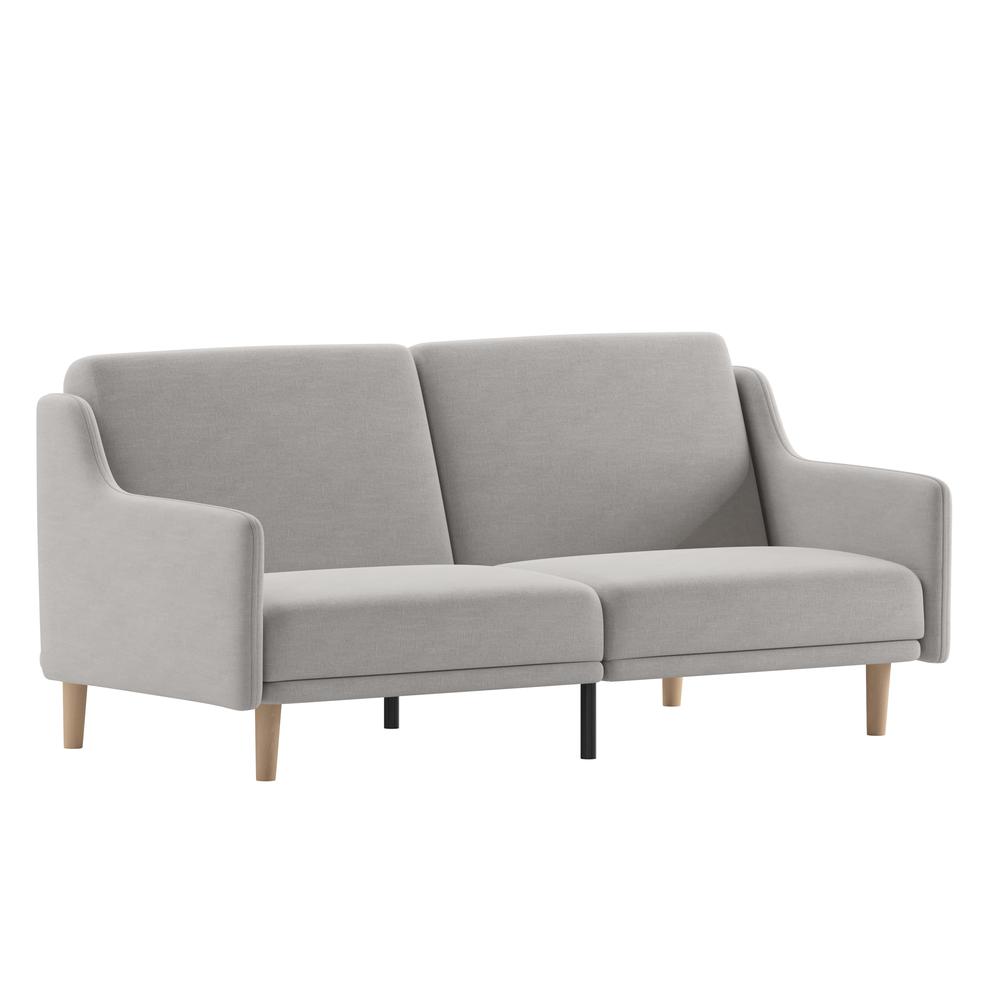 Delphine Premium Convertible Split Back Sofa Futon with Curved Armrests and Solid Wood Legs - Gray Faux Linen Upholstery. Picture 2