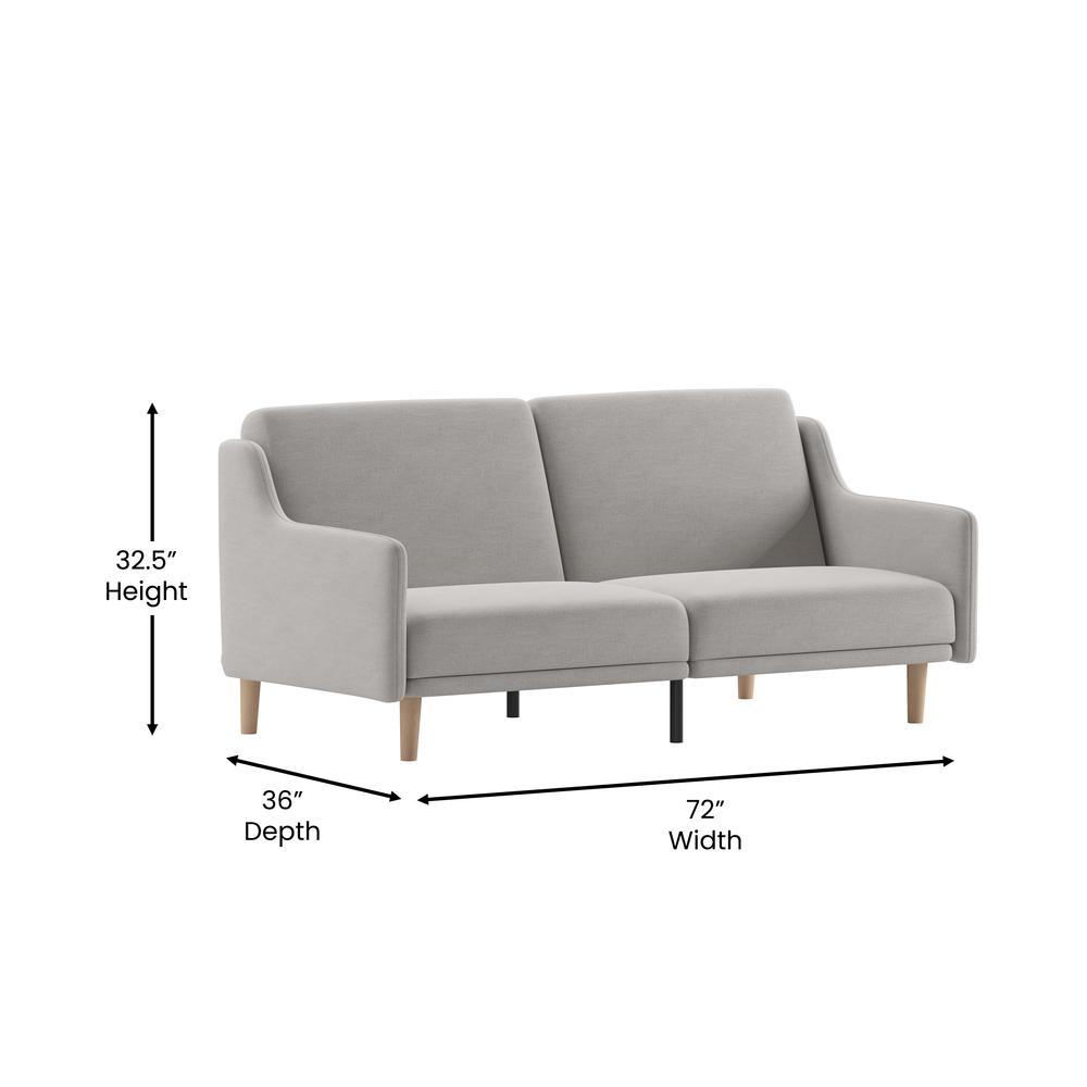 Delphine Premium Convertible Split Back Sofa Futon with Curved Armrests and Solid Wood Legs - Gray Faux Linen Upholstery. Picture 5