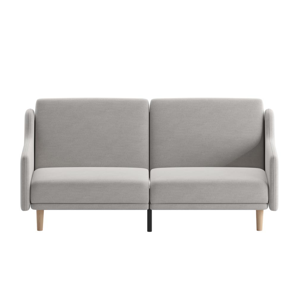 Delphine Premium Convertible Split Back Sofa Futon with Curved Armrests and Solid Wood Legs - Gray Faux Linen Upholstery. Picture 11