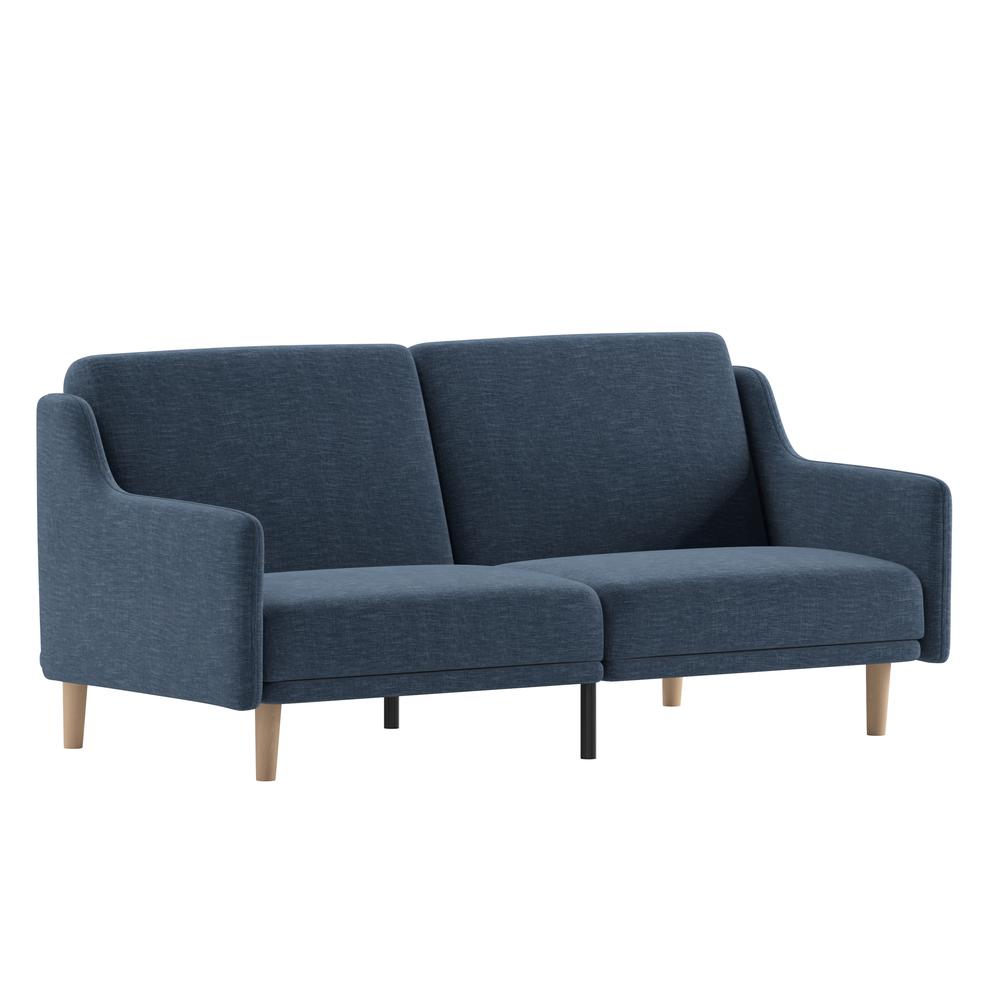 Delphine Premium Convertible Split Back Sofa Futon with Curved Armrests and Solid Wood Legs - Navy Faux Linen Upholstery. Picture 2