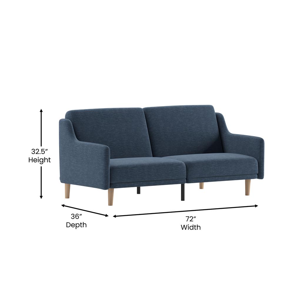 Delphine Premium Convertible Split Back Sofa Futon with Curved Armrests and Solid Wood Legs - Navy Faux Linen Upholstery. Picture 5
