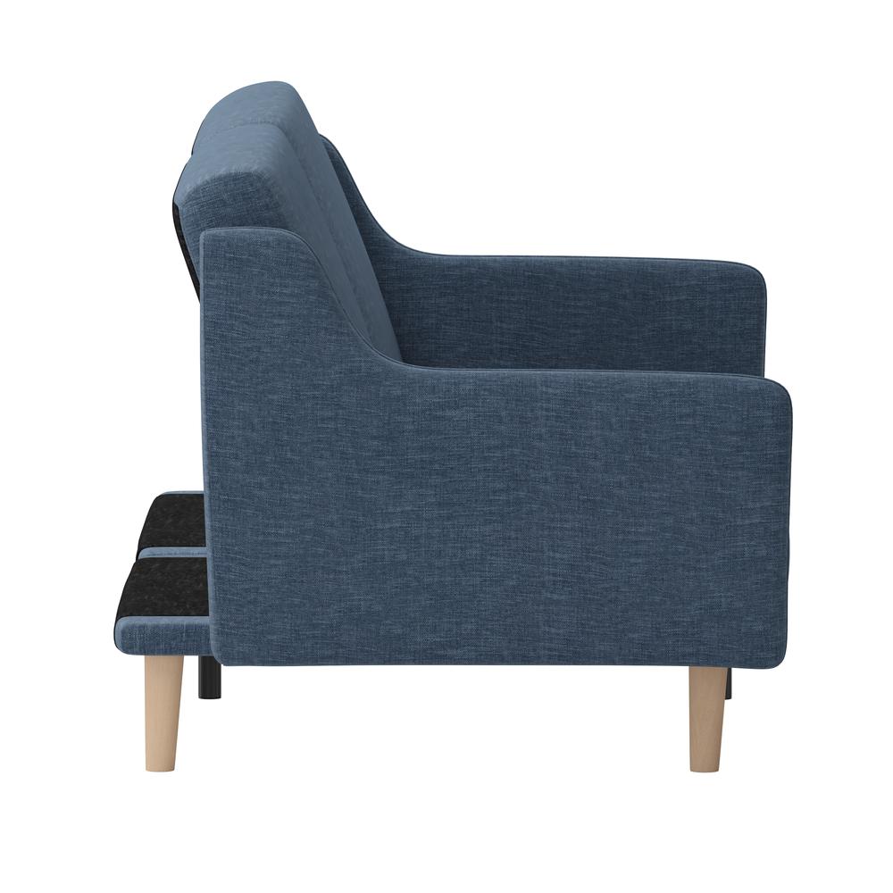 Delphine Premium Convertible Split Back Sofa Futon with Curved Armrests and Solid Wood Legs - Navy Faux Linen Upholstery. Picture 10