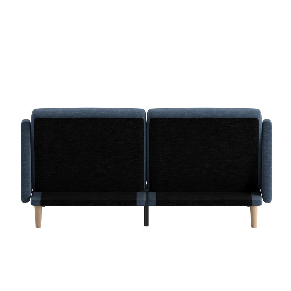 Delphine Premium Convertible Split Back Sofa Futon with Curved Armrests and Solid Wood Legs - Navy Faux Linen Upholstery. Picture 8