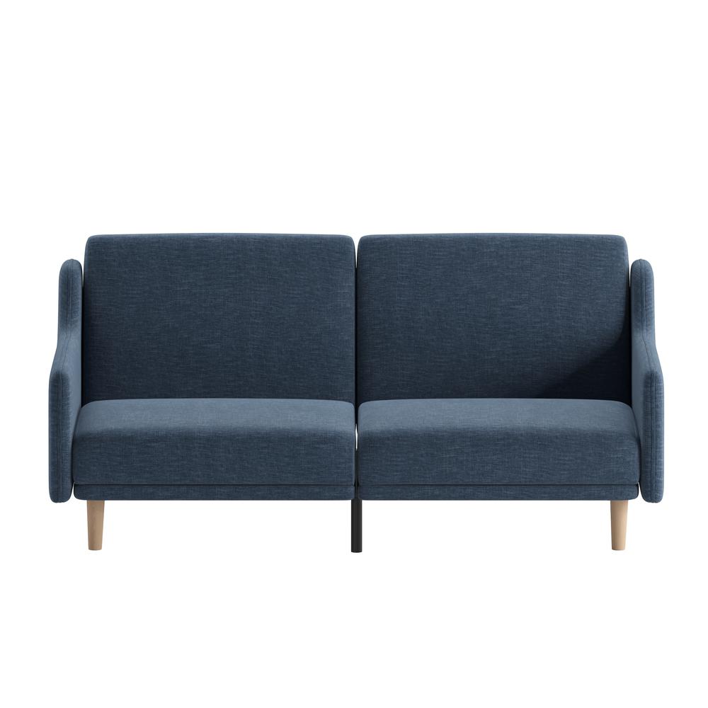Delphine Premium Convertible Split Back Sofa Futon with Curved Armrests and Solid Wood Legs - Navy Faux Linen Upholstery. Picture 11