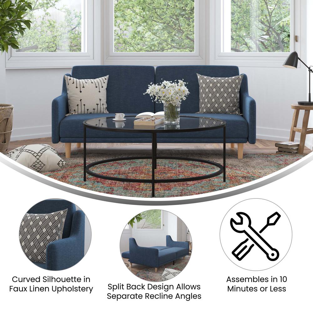 Delphine Premium Convertible Split Back Sofa Futon with Curved Armrests and Solid Wood Legs - Navy Faux Linen Upholstery. Picture 4