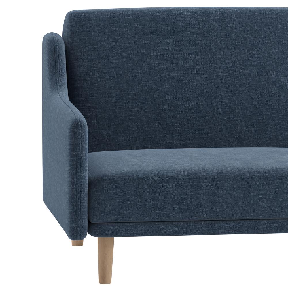 Delphine Premium Convertible Split Back Sofa Futon with Curved Armrests and Solid Wood Legs - Navy Faux Linen Upholstery. Picture 9