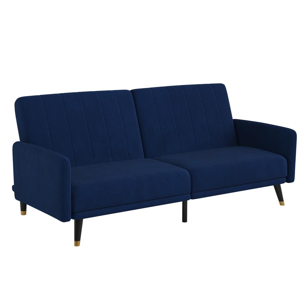 Sophia Premium Split Back Sofa Futon, Convertible Sleeper Couch for Small Spaces in Soft Navy Velvet Upholstery with Solid Wooden Legs. Picture 2