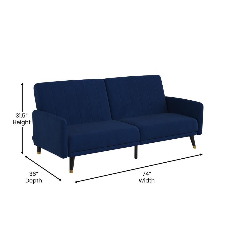 Sophia Premium Split Back Sofa Futon, Convertible Sleeper Couch for Small Spaces in Soft Navy Velvet Upholstery with Solid Wooden Legs. Picture 5