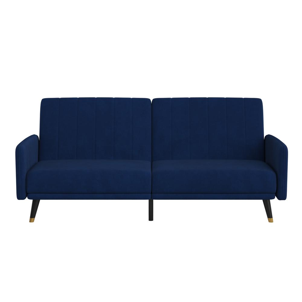 Sophia Premium Split Back Sofa Futon, Convertible Sleeper Couch for Small Spaces in Soft Navy Velvet Upholstery with Solid Wooden Legs. Picture 11