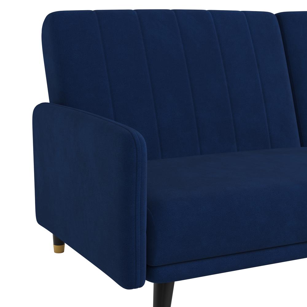 Sophia Premium Split Back Sofa Futon, Convertible Sleeper Couch for Small Spaces in Soft Navy Velvet Upholstery with Solid Wooden Legs. Picture 9
