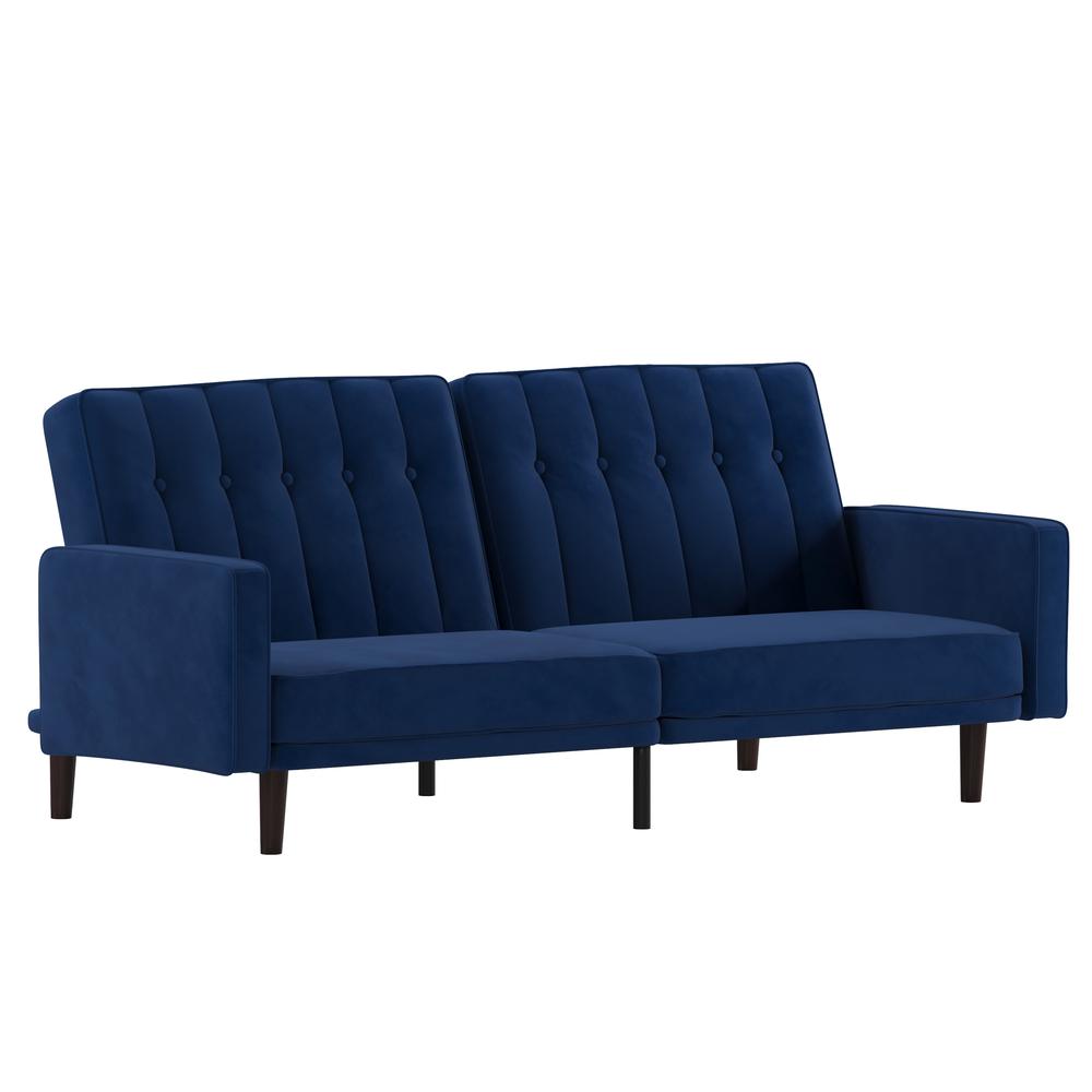 Sofa Futon in Navy Velvet Upholstery with Solid Wooden Legs. Picture 2
