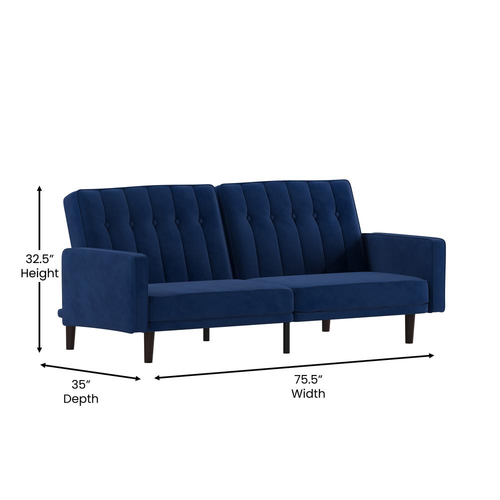 Sofa Futon in Navy Velvet Upholstery with Solid Wooden Legs. Picture 5