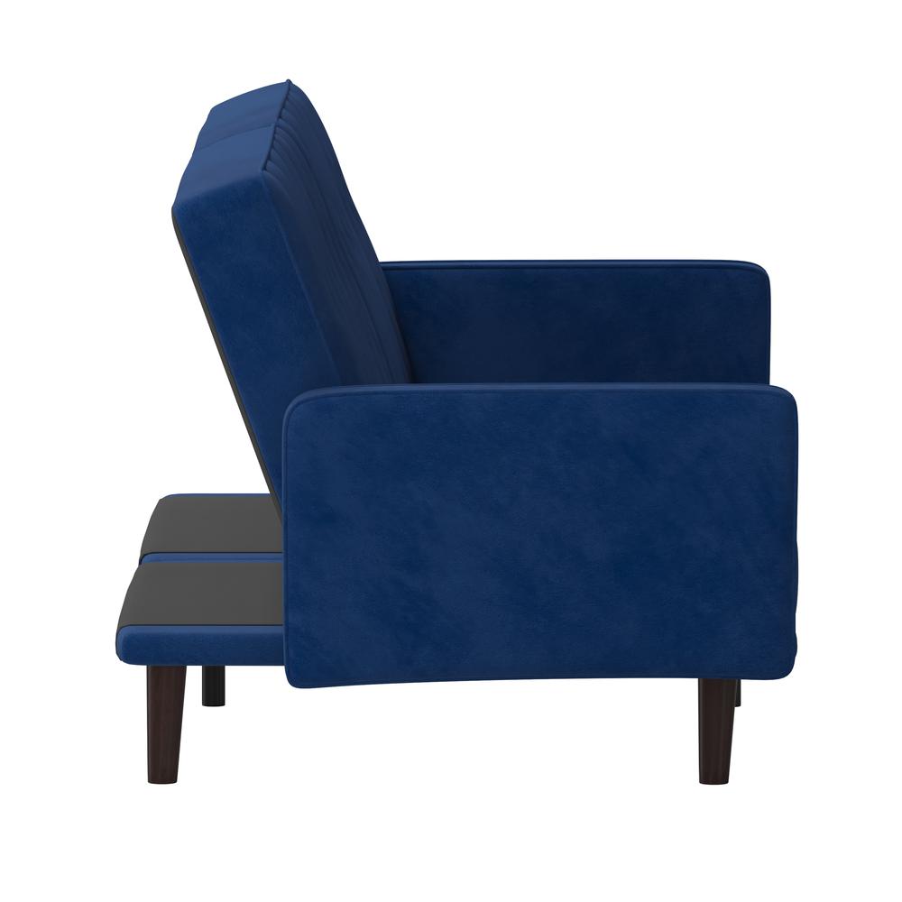 Sofa Futon in Navy Velvet Upholstery with Solid Wooden Legs. Picture 10