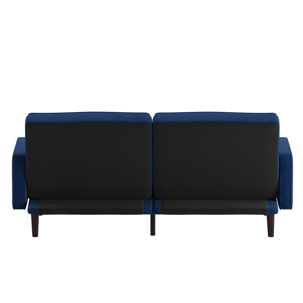 Sofa Futon in Navy Velvet Upholstery with Solid Wooden Legs. Picture 8