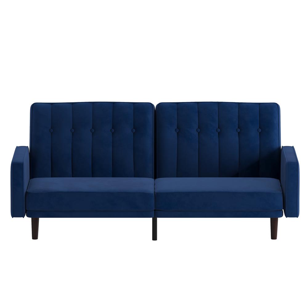 Sofa Futon in Navy Velvet Upholstery with Solid Wooden Legs. Picture 11