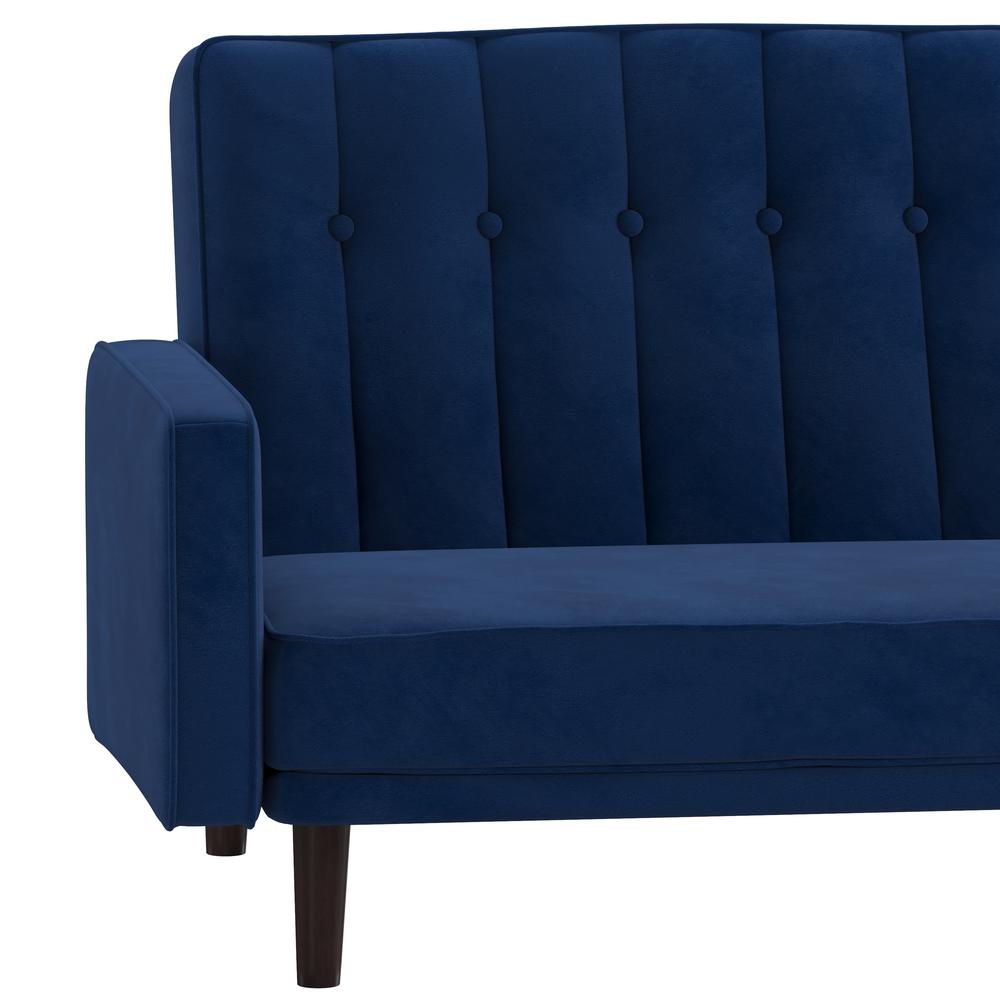 Sofa Futon in Navy Velvet Upholstery with Solid Wooden Legs. Picture 9