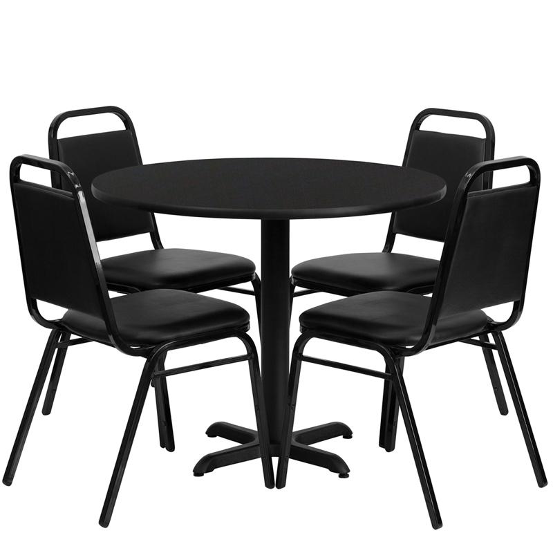 36'' Round Black Laminate Table Set with X-Base and 4 Black Trapezoidal Back Banquet Chairs. Picture 1