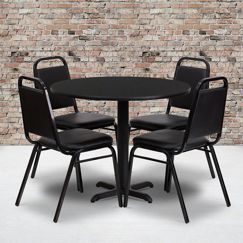 36'' Round Black Laminate Table Set with X-Base and 4 Black Trapezoidal Back Banquet Chairs. Picture 3