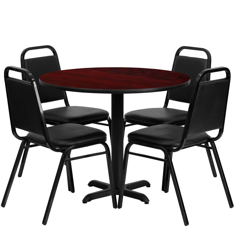 36'' Mahogany Table Set with X-Base and 4 Black Trapezoidal Back Banquet Chairs. Picture 2