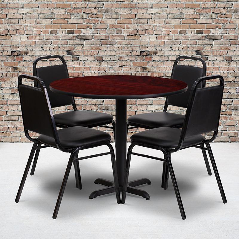 36'' Round Mahogany Laminate Table Set with X-Base and 4 Black Trapezoidal Back Banquet Chairs. Picture 2