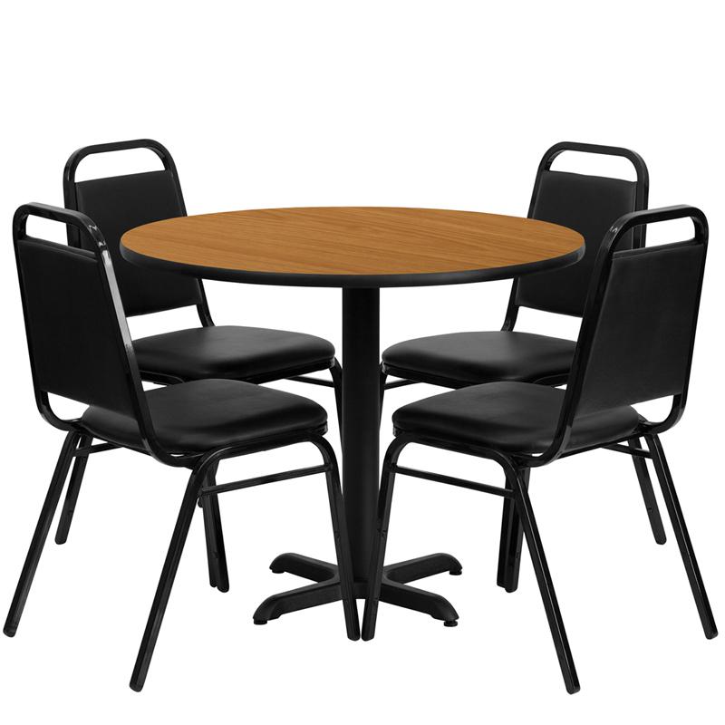 36'' Round Natural Laminate Table Set with X-Base and 4 Black Trapezoidal Back Banquet Chairs. Picture 1