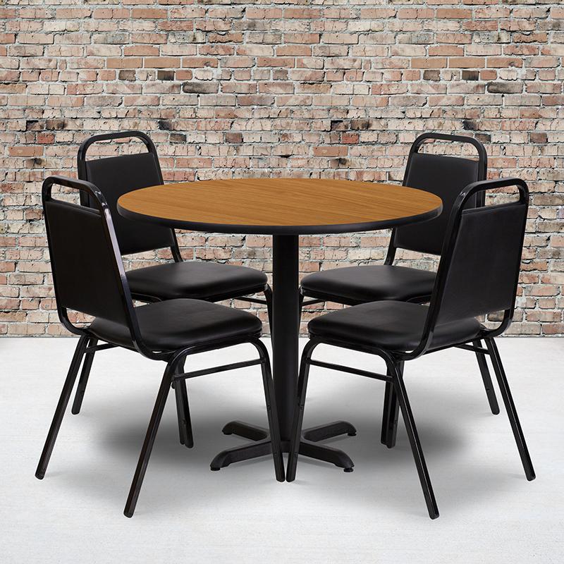 36'' Round Natural Laminate Table Set with X-Base and 4 Black Trapezoidal Back Banquet Chairs. Picture 2