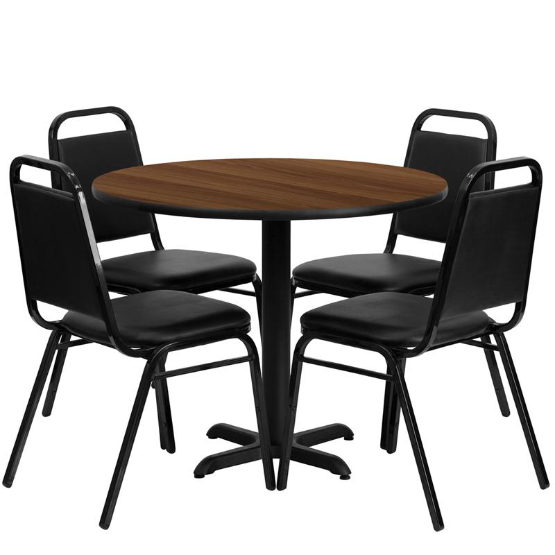 36'' Round Walnut Laminate Table Set with X-Base and 4 Black Trapezoidal Back Banquet Chairs. Picture 1