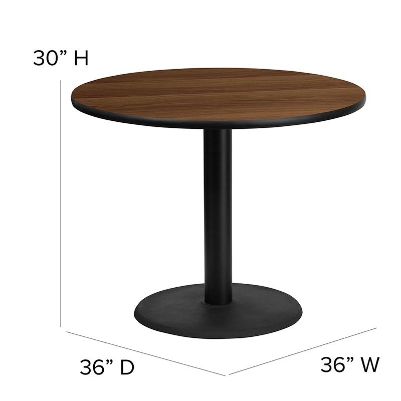 36'' Round Walnut Laminate Table Set with X-Base and 4 Black Trapezoidal Back Banquet Chairs. Picture 2