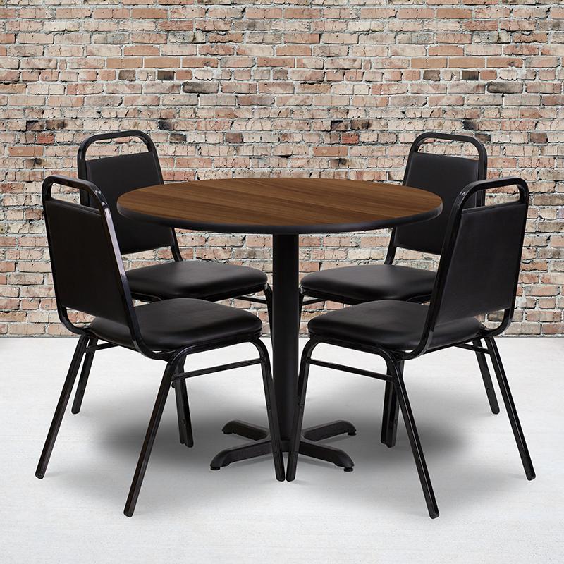 36'' Round Walnut Laminate Table Set with X-Base and 4 Black Trapezoidal Back Banquet Chairs. Picture 3