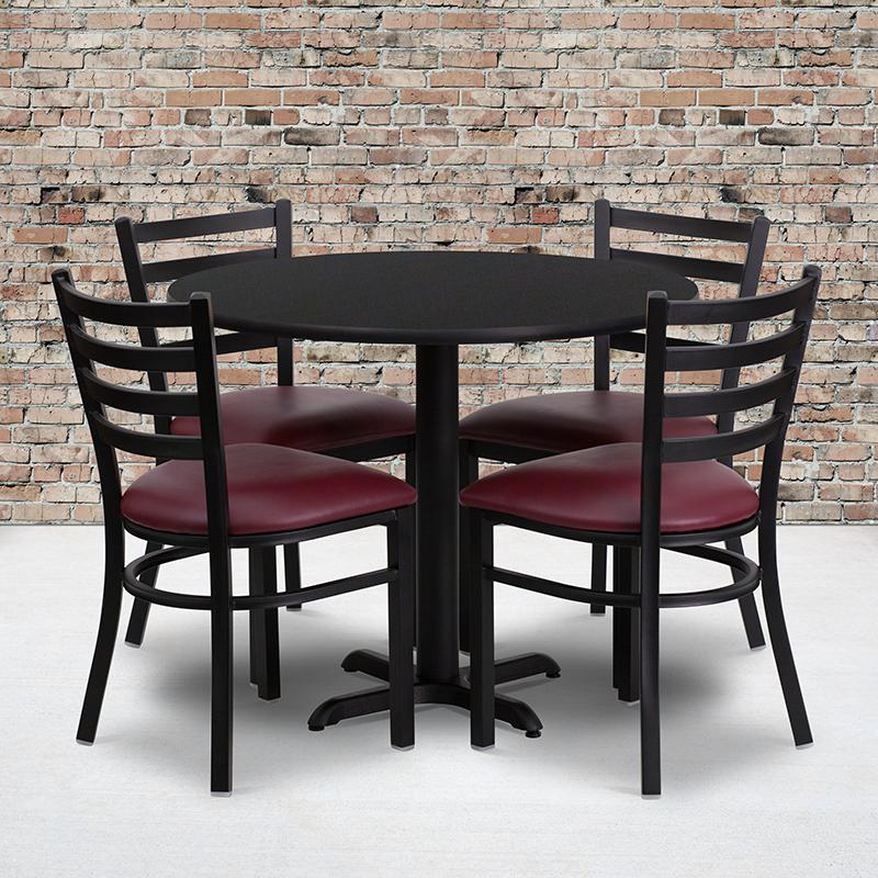 36'' Round Black Laminate Table Set with X-Base and 4 Ladder Back Metal Chairs - Burgundy Vinyl Seat. The main picture.
