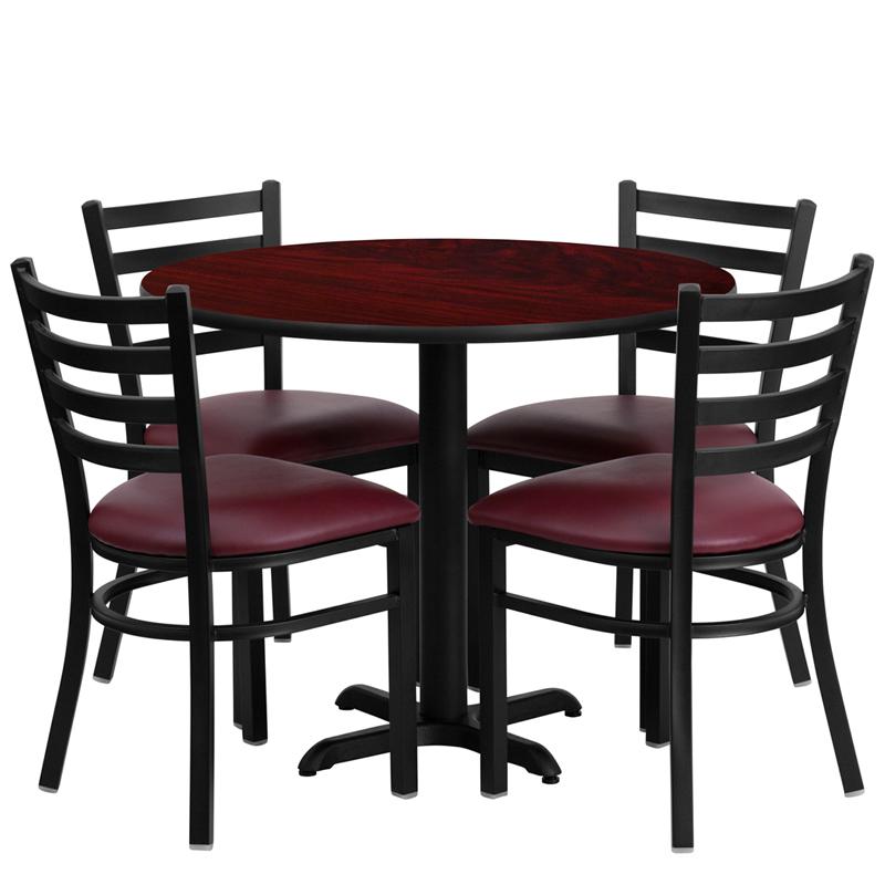 36'' Round Mahogany Laminate Table Set with X-Base and 4 Ladder Back Metal Chairs - Burgundy Vinyl Seat. Picture 1