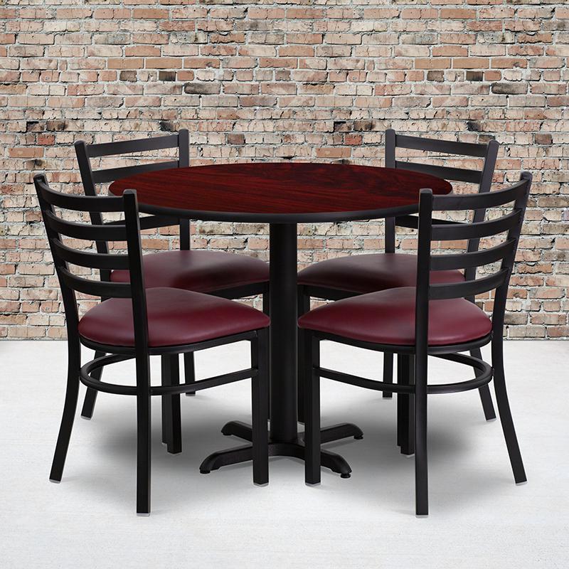 36'' Round Mahogany Laminate Table Set with X-Base and 4 Ladder Back Metal Chairs - Burgundy Vinyl Seat. Picture 2