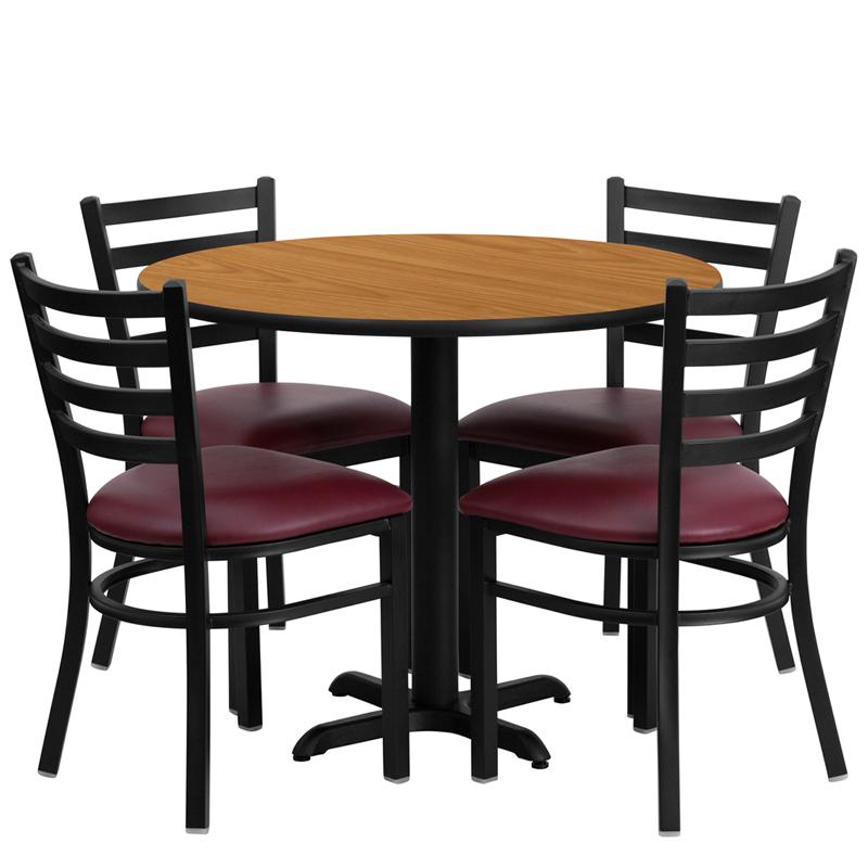 36'' Round Natural Laminate Table Set with X-Base and 4 Ladder Back Metal Chairs - Burgundy Vinyl Seat. Picture 1