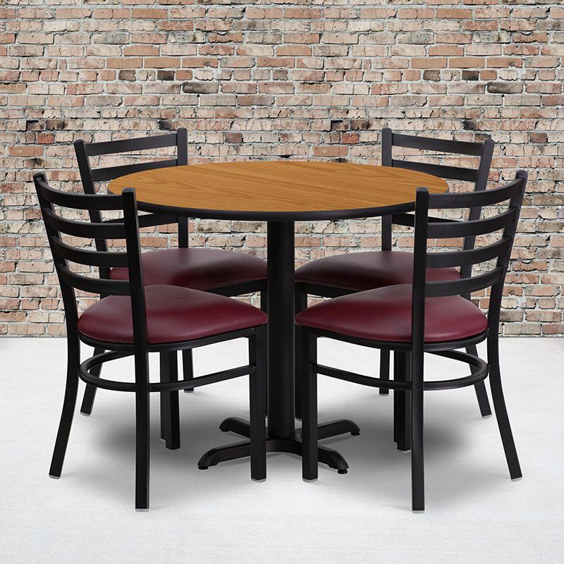 36'' Round Natural Laminate Table Set with X-Base and 4 Ladder Back Metal Chairs - Burgundy Vinyl Seat. Picture 2