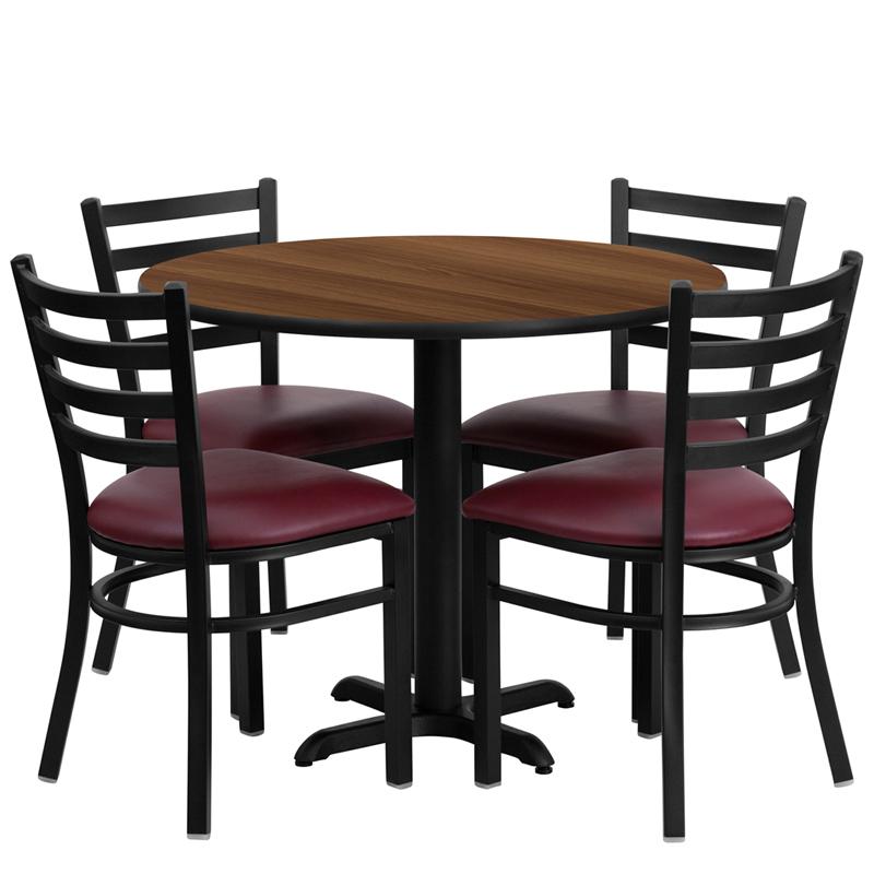 36'' Round Walnut Laminate Table Set with X-Base and 4 Ladder Back Metal Chairs - Burgundy Vinyl Seat. The main picture.