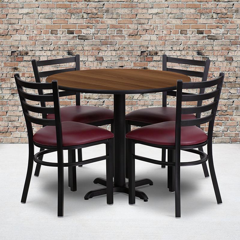 36'' Round Walnut Laminate Table Set with X-Base and 4 Ladder Back Metal Chairs - Burgundy Vinyl Seat. Picture 2
