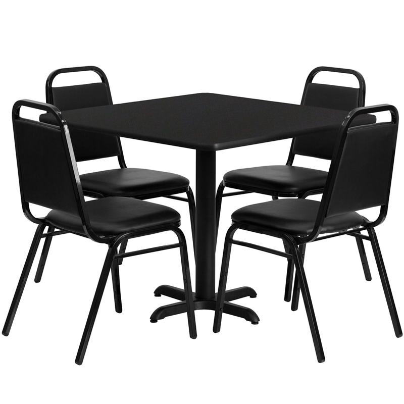 36'' Square Black Laminate Table Set with X-Base and 4 Black Trapezoidal Back Banquet Chairs. Picture 1