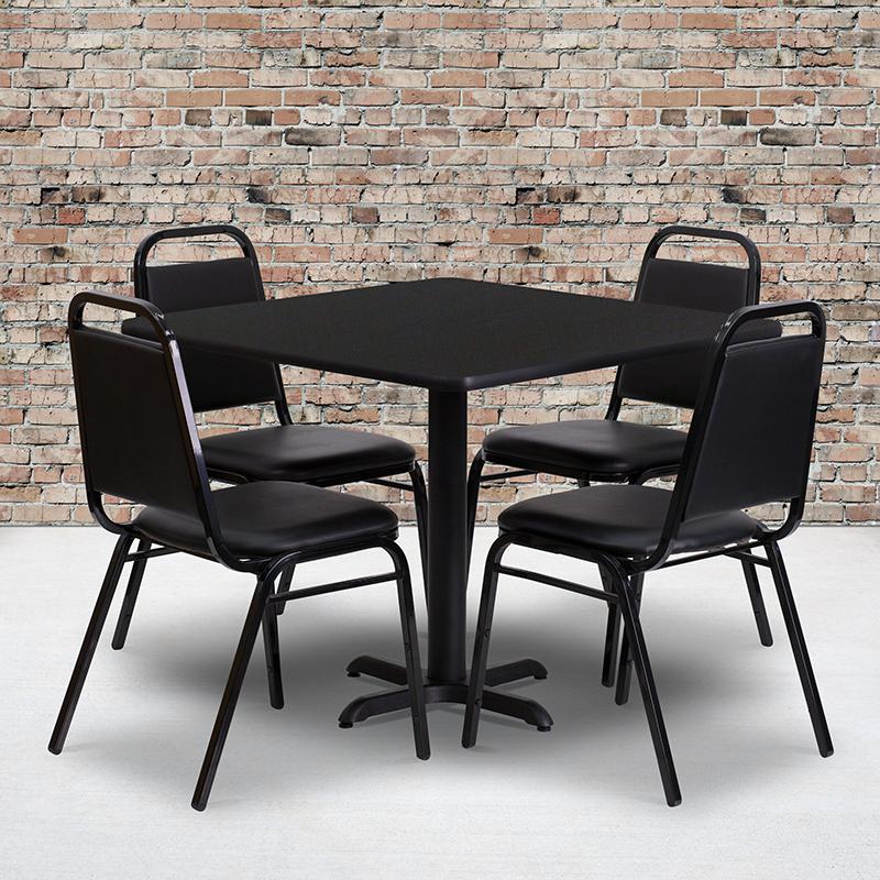 36'' Square Black Laminate Table Set with X-Base and 4 Black Trapezoidal Back Banquet Chairs. Picture 2