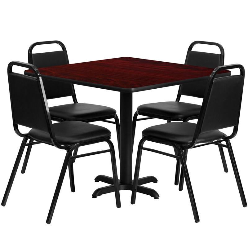 36'' Square Mahogany Laminate Table Set with X-Base and 4 Black Trapezoidal Back Banquet Chairs. Picture 1
