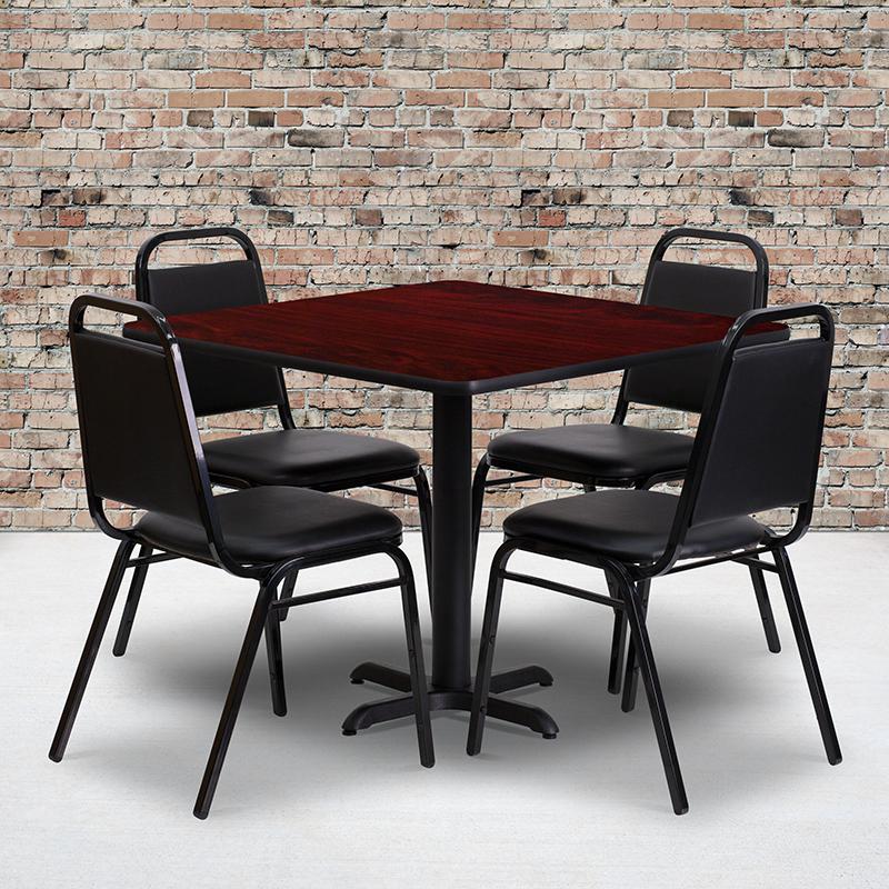 36'' Square Mahogany Laminate Table Set with X-Base and 4 Black Trapezoidal Back Banquet Chairs. Picture 2