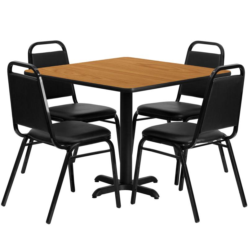 36'' Square Natural Laminate Table Set with X-Base and 4 Black Trapezoidal Back Banquet Chairs. Picture 1
