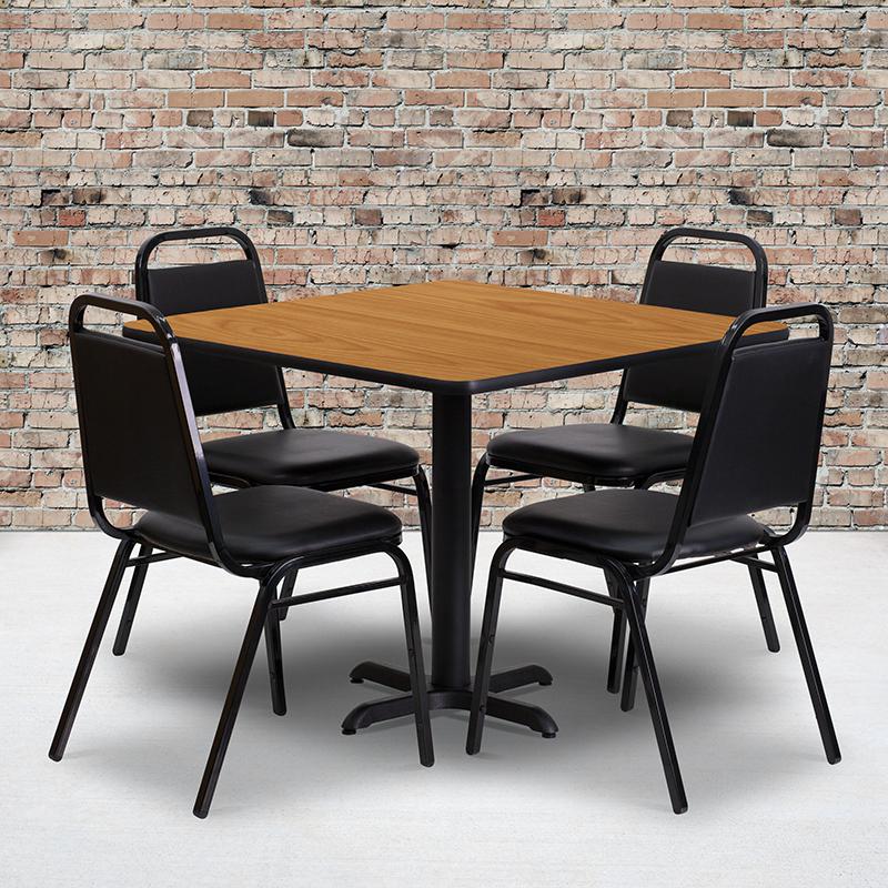 36'' Square Natural Laminate Table Set with X-Base and 4 Black Trapezoidal Back Banquet Chairs. Picture 2